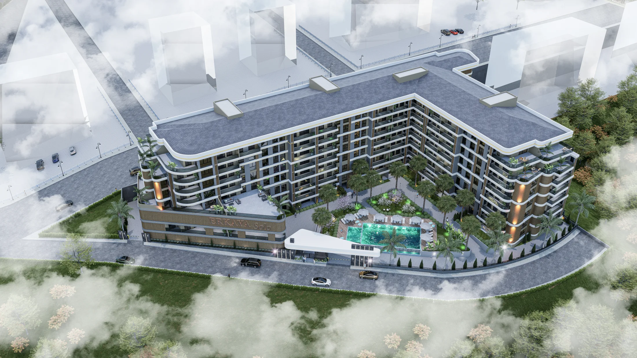 Solo projesinin tamamını gösteren kuşbakışı mimari render